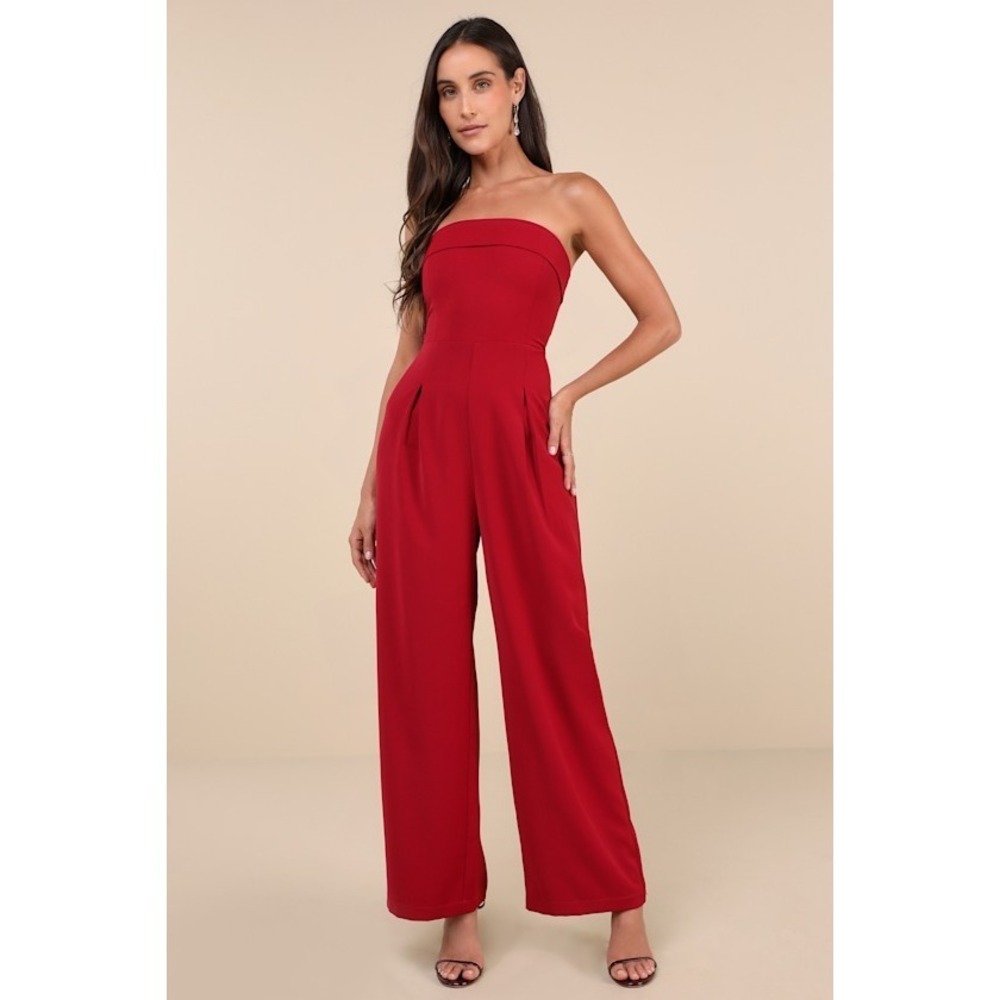 Lulus Upscale Silhouette Dark Red Twill Wide-leg Strapless Jumpsuit - Size M